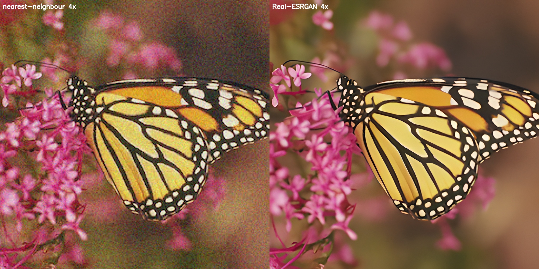 Side-by-side: nearest-neighbour 4x baseline next to the Real-ESRGAN 4x result.